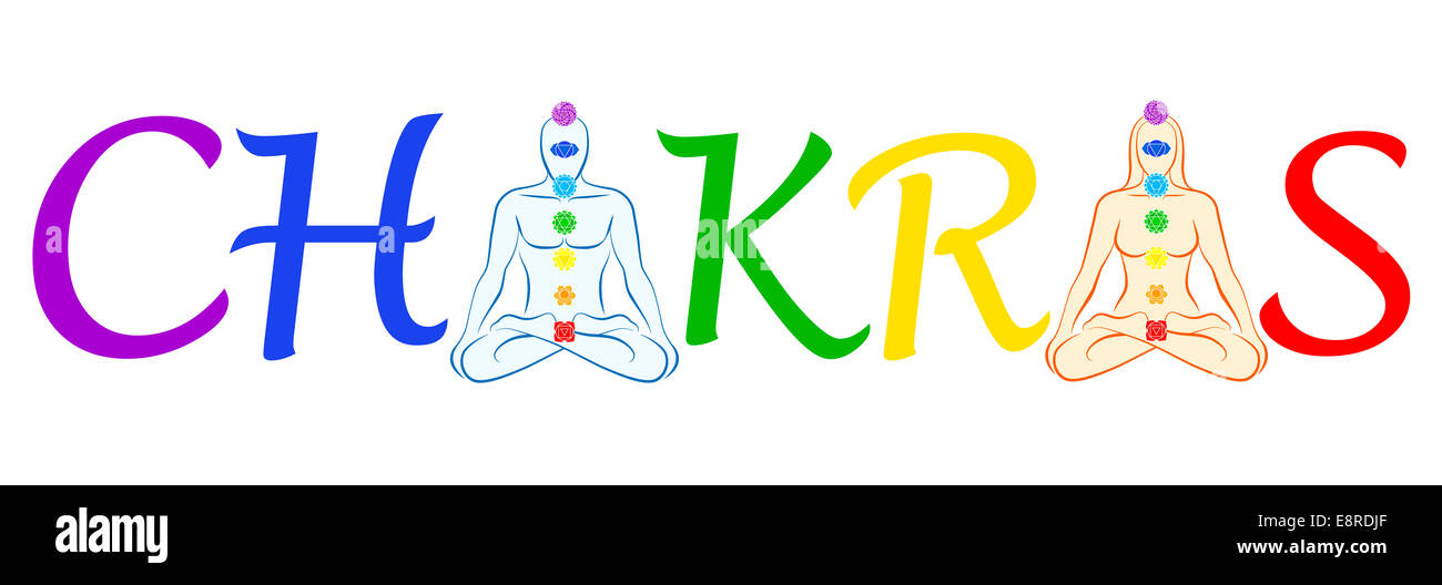 In luogo della prima e della seconda una nella parola chakra vi è un meditando l uomo e la donna in posizione di yoga con loro chakra. Foto Stock