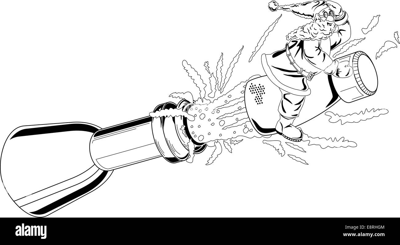 Volo di Babbo Natale il tappo da una bottiglia di champagne durante la celebrazione del nuovo anno. Foto Stock