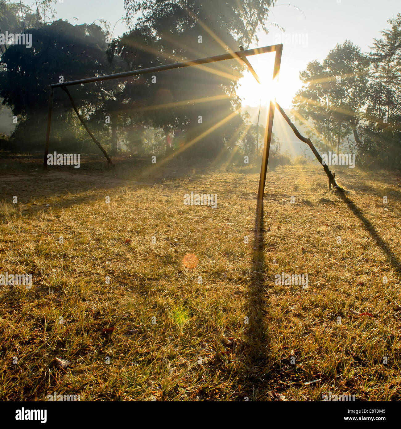 L'obiettivo di legno sul campo e sole al mattino. Foto Stock