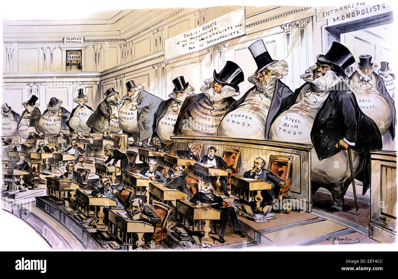 1880 1889 PUCK CARTOON POLITICO I PADRONI DEL MONOPOLIO DEL SENATO interessi aziendali PORTANO A SHERMAN ACT ANTITRUST Foto Stock