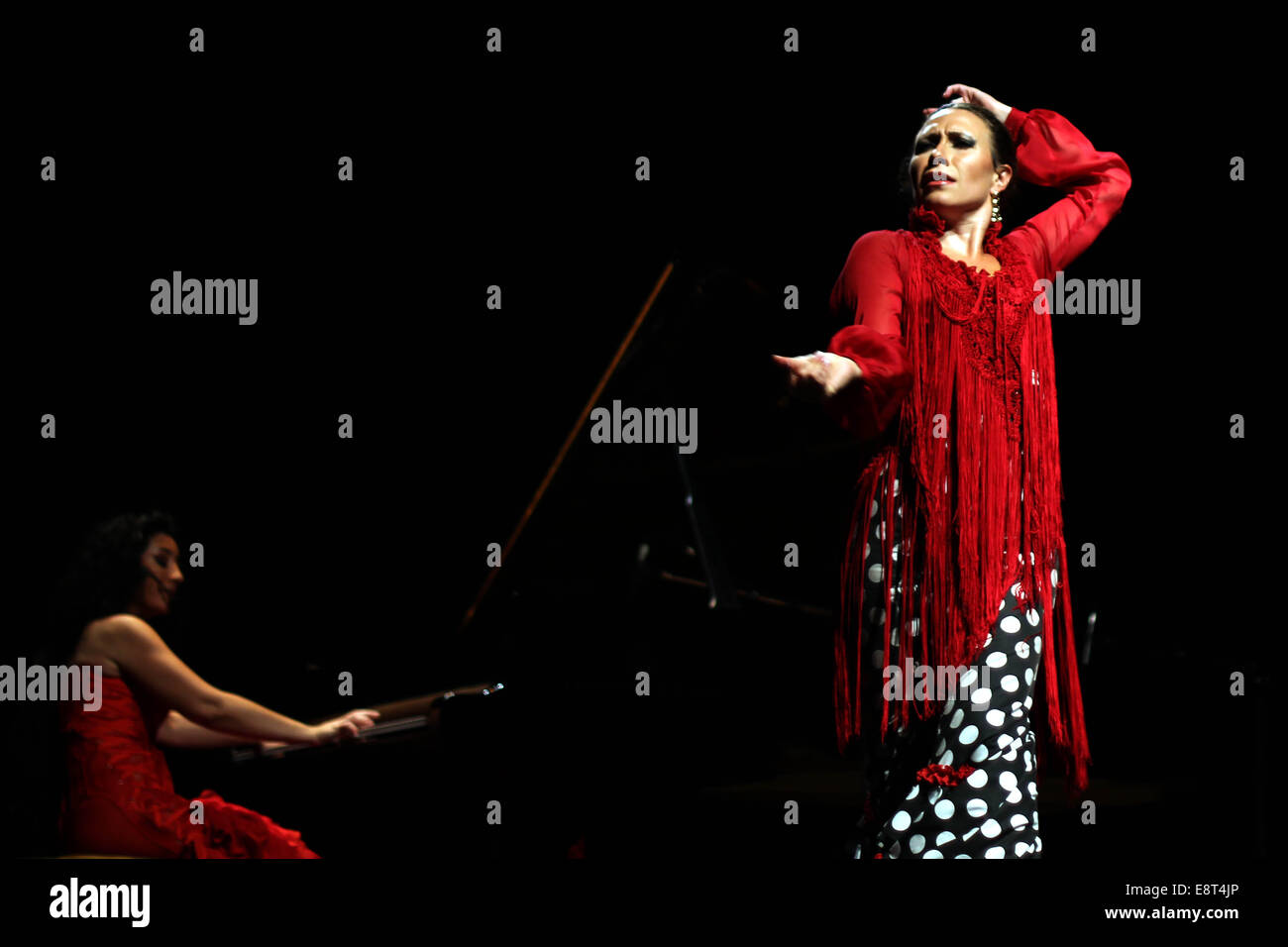 Amman. Xiii oct, 2014. Ballerino spagnolo di flamenco preforme Flamenco 'Seduccion flamenca' a Al-Hussein Centro Culturale in Amman, Giordania, Ott13, 2014. Credito: Mohammad Abu Ghosh/Xinhua/Alamy Live News Foto Stock