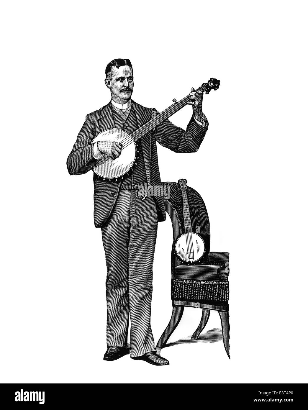 1890s MAN STANDING giocare cinque BANJO STRINGA Foto Stock
