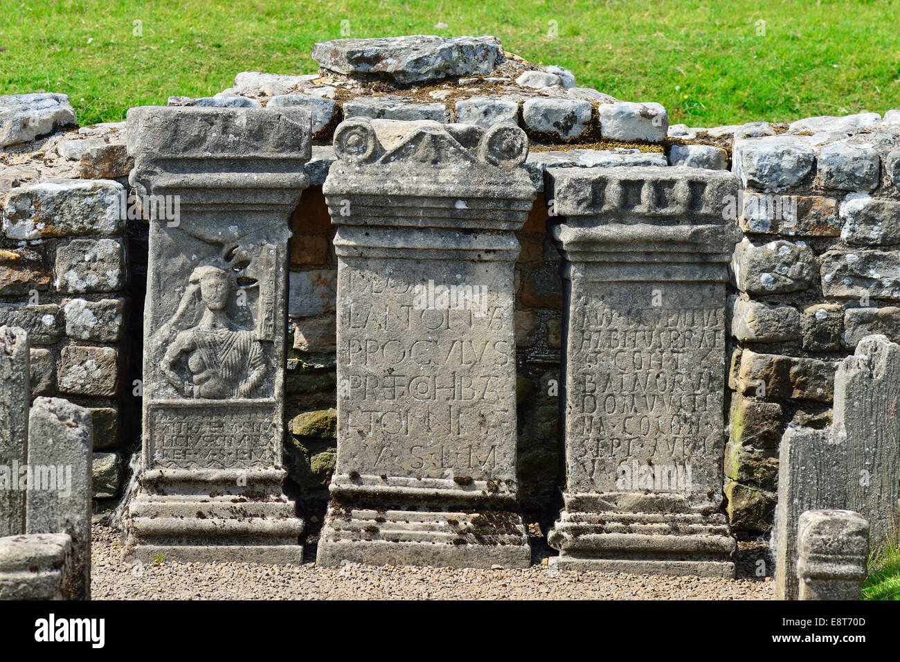 Tempio di mitra a partire dal III secolo, il vallo di Adriano, Carrawburgh, Northumberland, England, Regno Unito Foto Stock