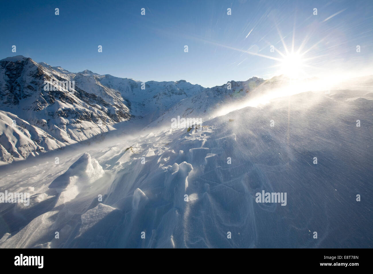 Paesaggio invernale in tempesta di neve, Taschachferner, Pitztal, Tirolo del nord, Austria Foto Stock