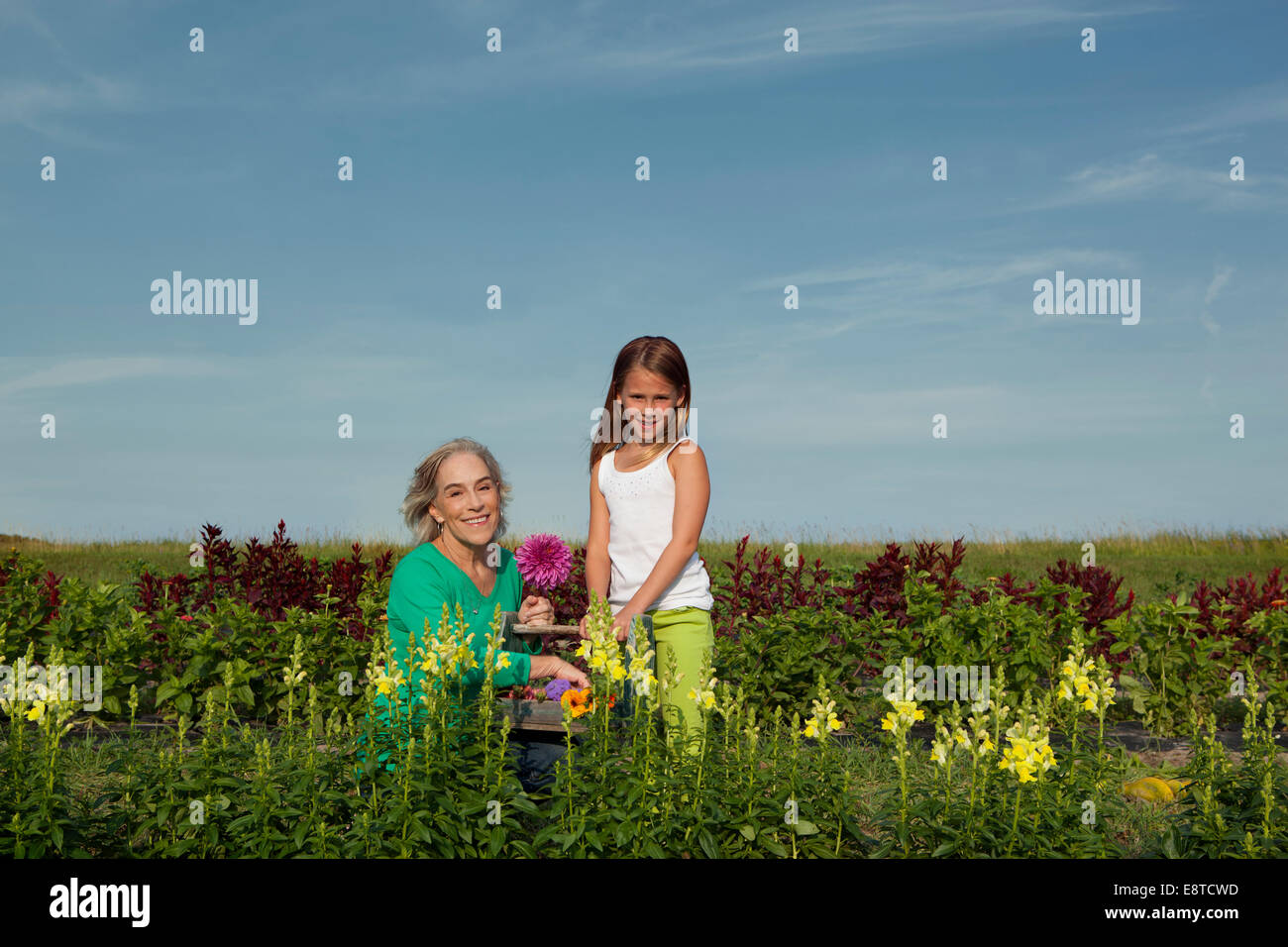 Nonna caucasica e nipote a caccia di fiori in agriturismo Foto Stock