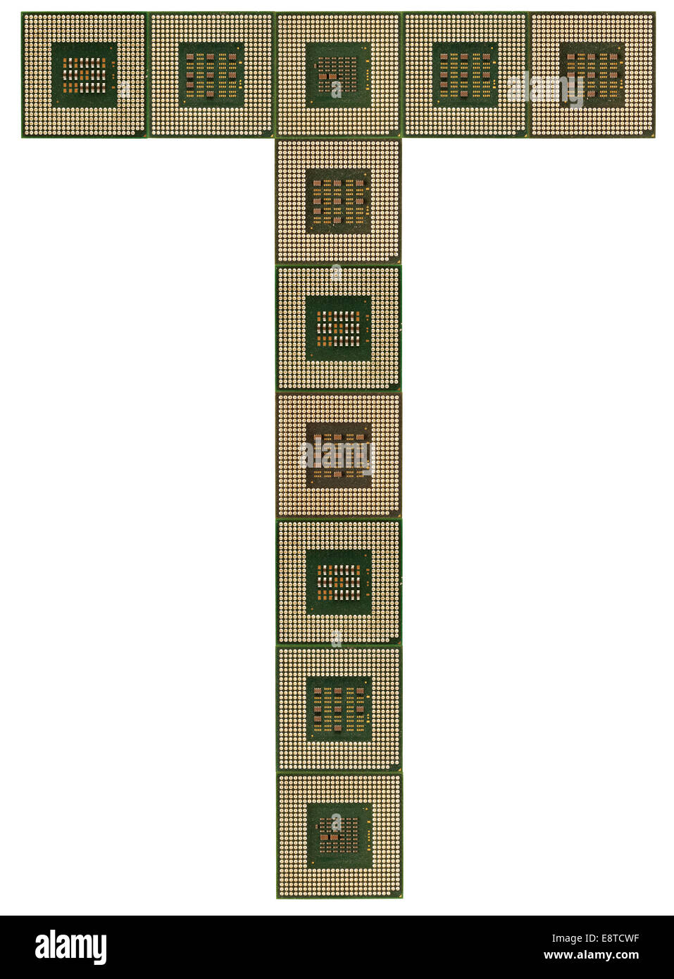 Lettera T fatta di vecchio e sporco e microprocessori Foto Stock