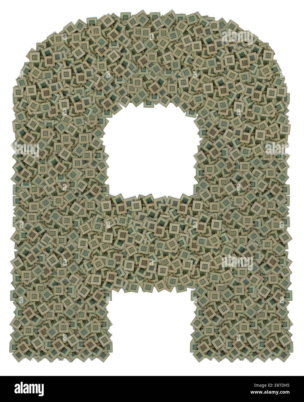 Lettera A fatto di vecchi e sporchi microprocessori, isolati su sfondo bianco Foto Stock