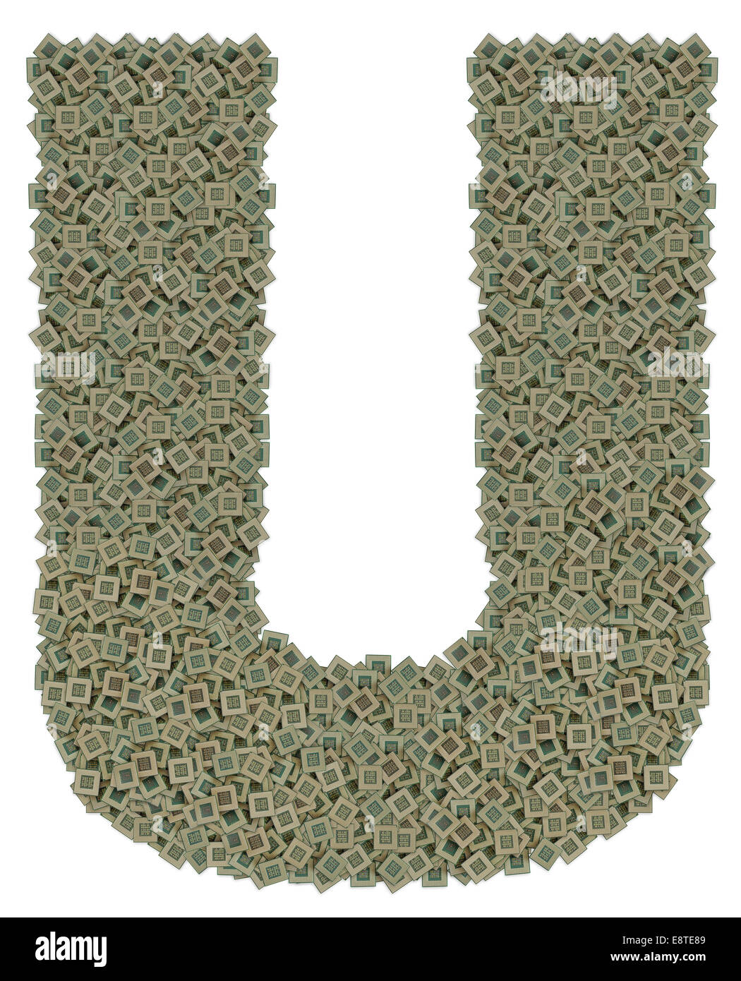 Lettera U fatta di vecchio e sporco e microprocessori Foto Stock