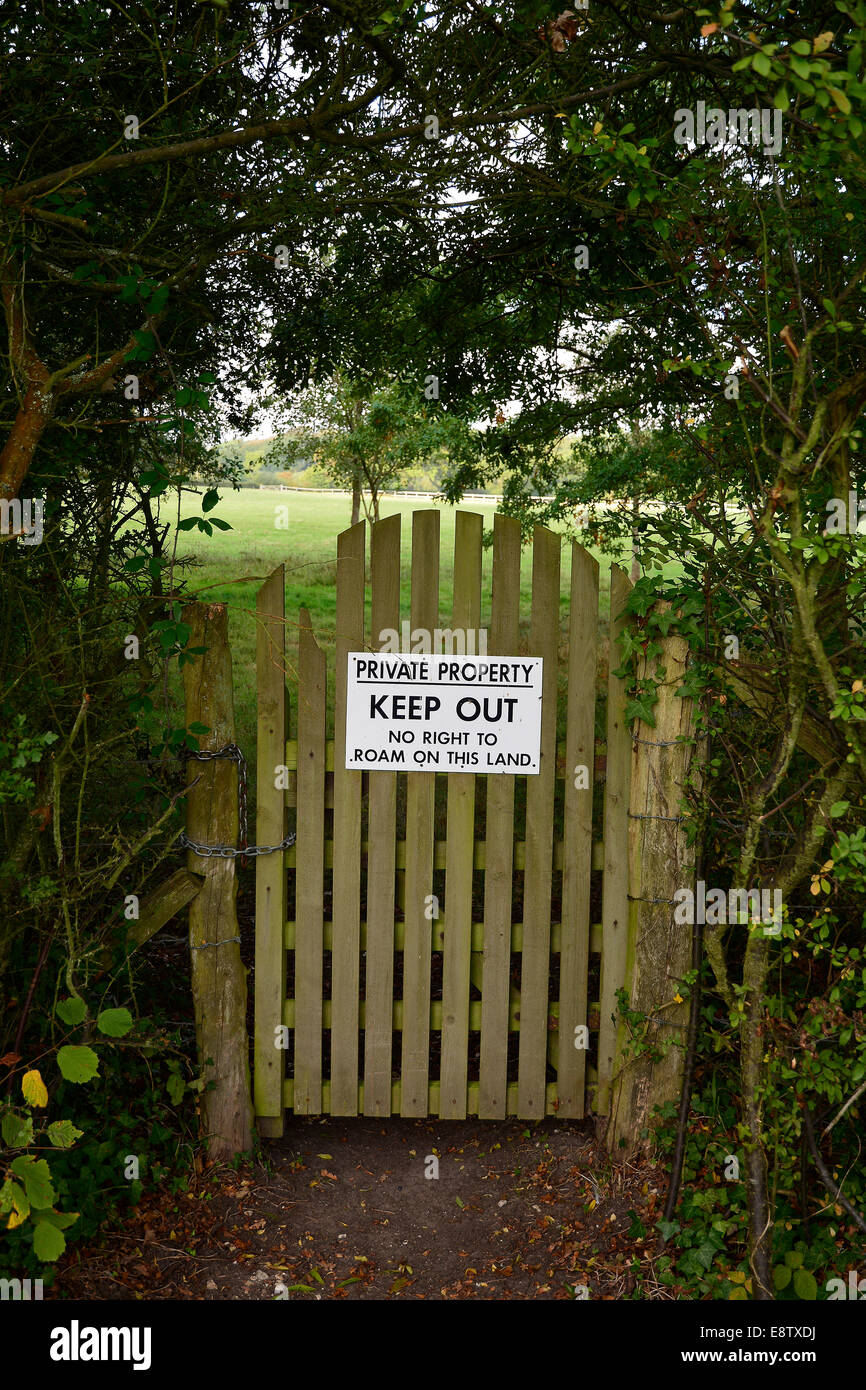 Un 'nessun diritto di effettuare il roaming' segno su una porta nella parte anteriore dei terreni agricoli privati, Hampshire. Foto Stock