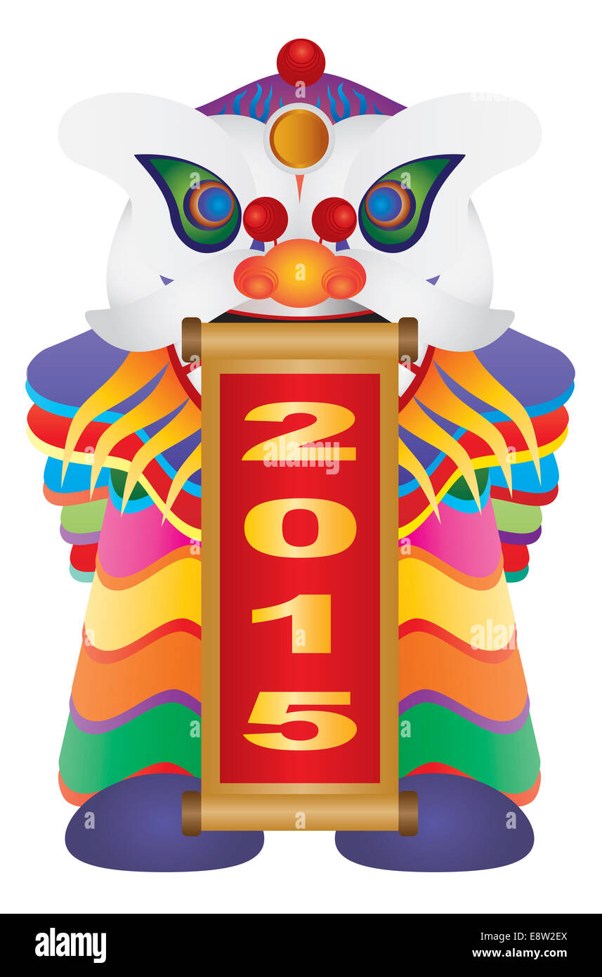 Anno Nuovo Cinese colorata danza leone azienda scorrere con i numeri di riferimento 2015 Felice Anno Nuovo isolato su sfondo bianco illustrazione Foto Stock