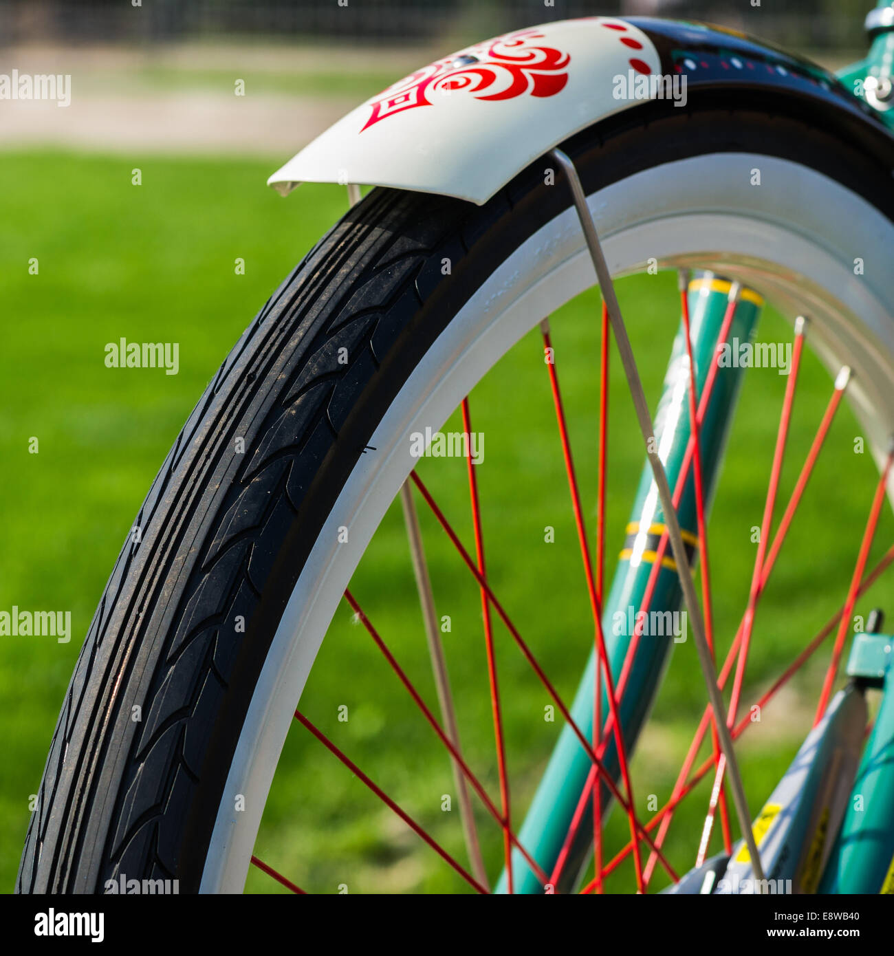 Vista ingrandita della ruota di bicicletta contro l'erba verde. Pronti per la stagione estiva Foto Stock