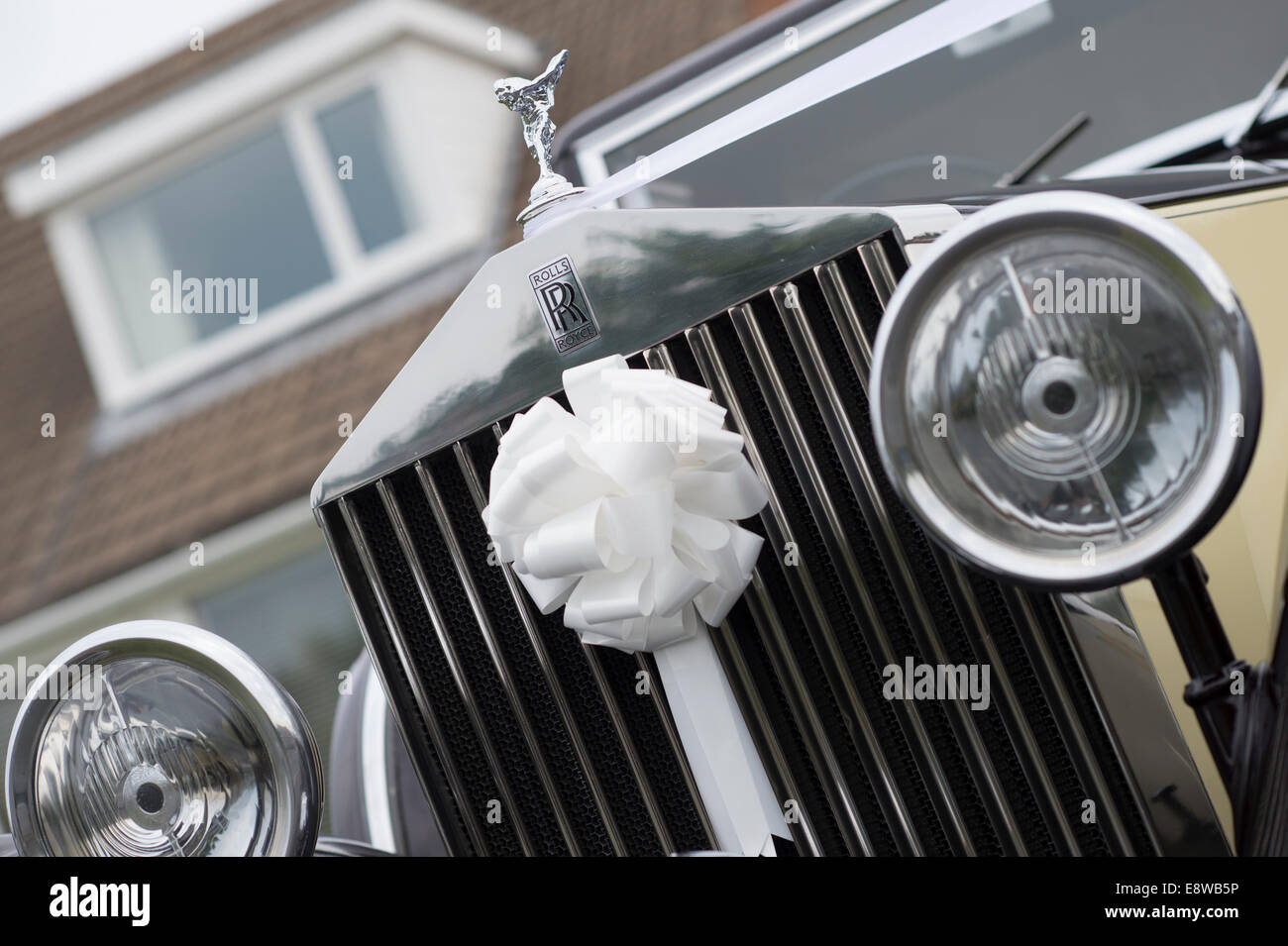 Una Rolls Royce auto griglia anteriore del radiatore e fari anteriori decorate con nastro bianco su un giorno di nozze REGNO UNITO Foto Stock