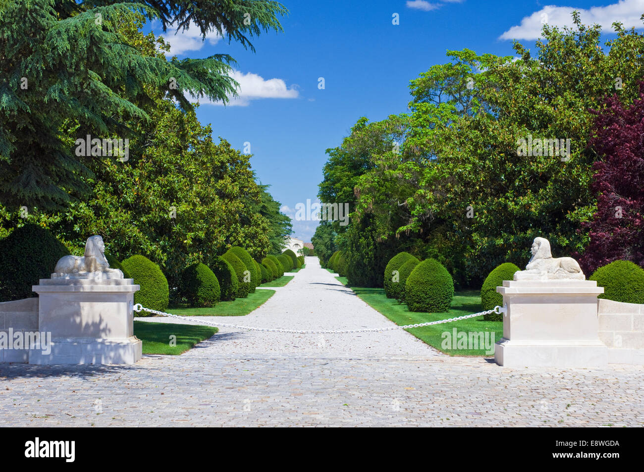 Il percorso che conduce attraverso il Château d'Armailhac park a Chateau Mouton Rothschild, in una limpida giornata di sole Foto Stock