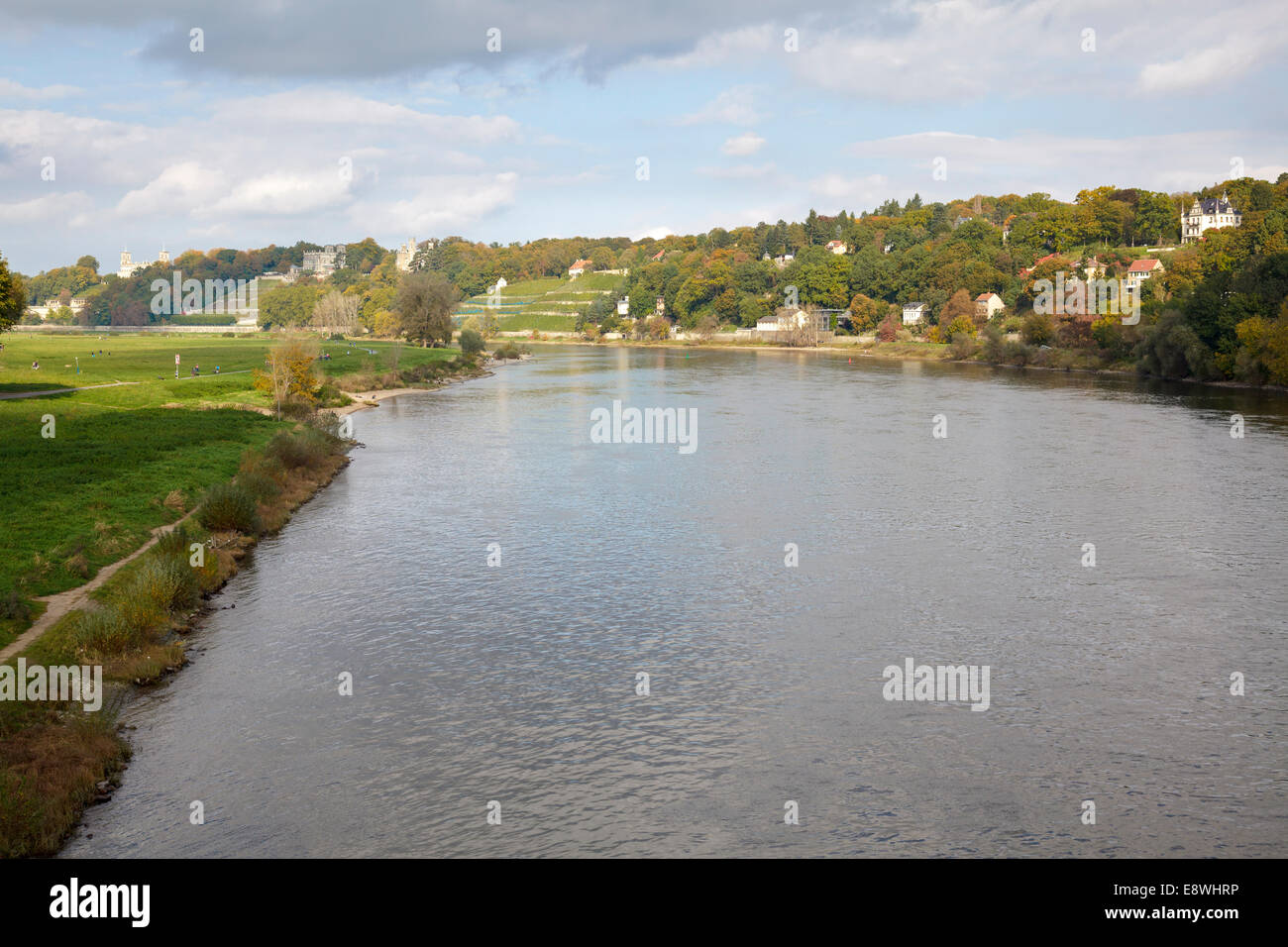 Vista sul Fiume Elba dal Blaues Wunder bridge, Dresda, Sassonia, Germania Foto Stock