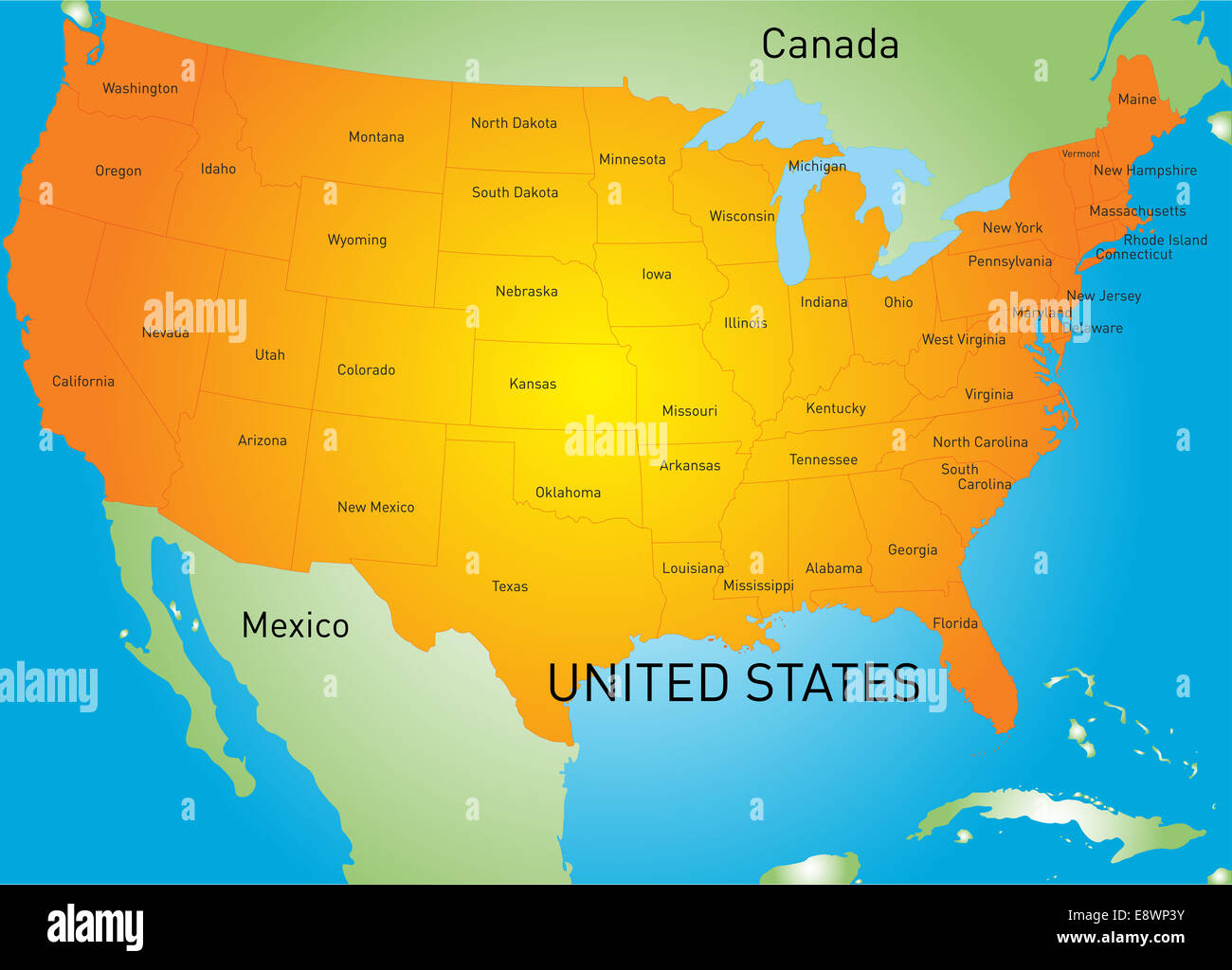 Mappa di Stati Uniti d'America Foto Stock
