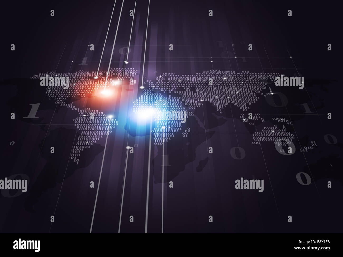 Tecnologia astratta codice binario mappa del mondo su sfondo scuro Foto Stock