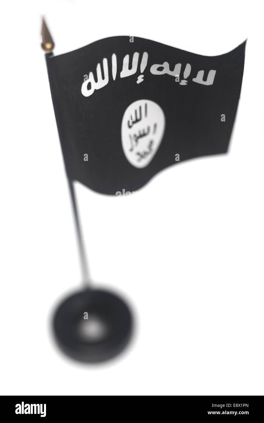 Piccola bandiera di ISIL, ISIS in una gabbia isolata su uno sfondo bianco. Angolo alto con profondità di campo ridotta. Foto Stock