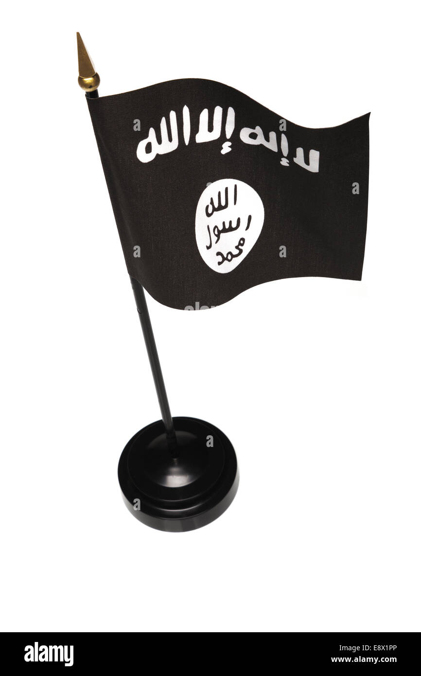 Piccola bandiera di ISIL, ISIS in una gabbia isolata su uno sfondo bianco. Angolo di alta. Foto Stock