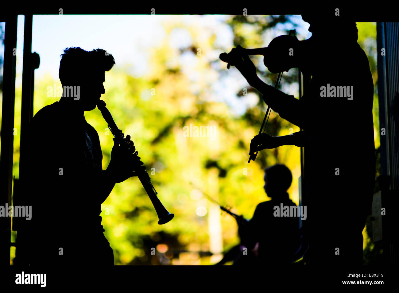 Giovani musicisti adolescenti ripassando la riproduzione di clarinetto e violino in silhouette a Aberystwyth MusicFest 2014 Foto Stock