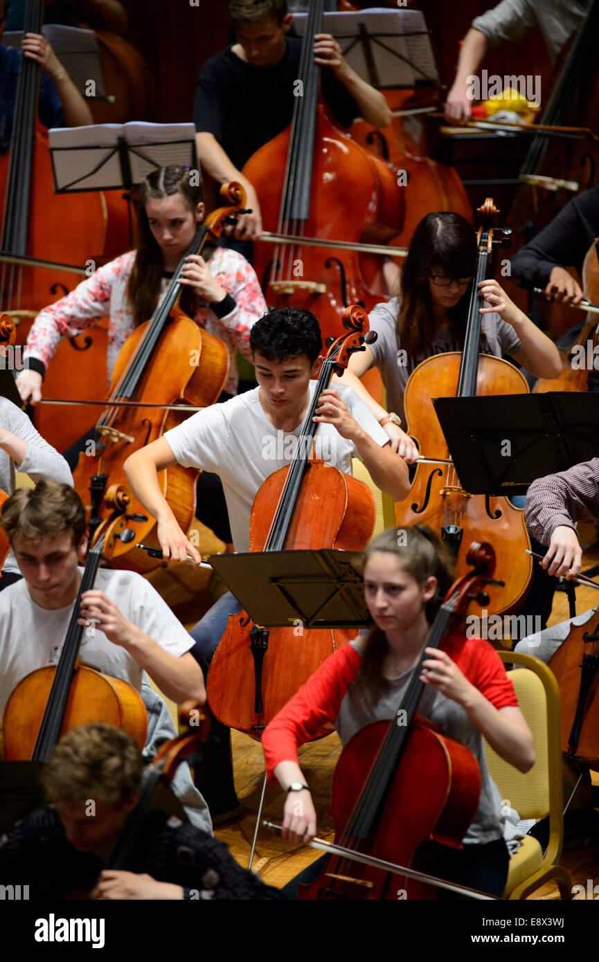 Stringhe: sezione violoncelli di London Schools Symphony Orchestra ripassando a Aberystwyth Arts Center's MusicFest 2014 Foto Stock