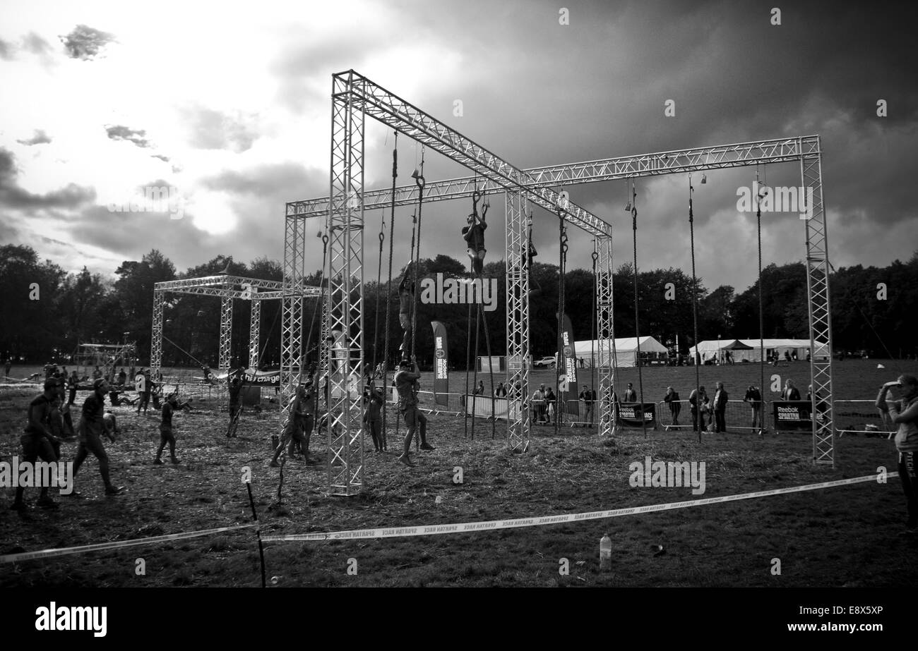 I partecipanti la battaglia contro gli elementi nel 2014 Spartan gara 'Bestia' Foto Stock