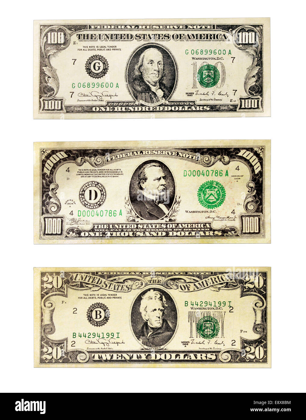 Banconote di dollari americani valore facciale 20, 100 e 1000 dollari  isolato su uno sfondo bianco Foto stock - Alamy