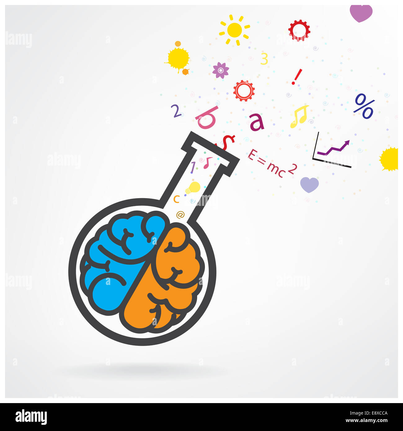 Creative a sinistra e a destra il cervello a segno con il tubo di prova su sfondo grigio ,design per poster coperchio flyer brochure.idea di istruzione Foto Stock