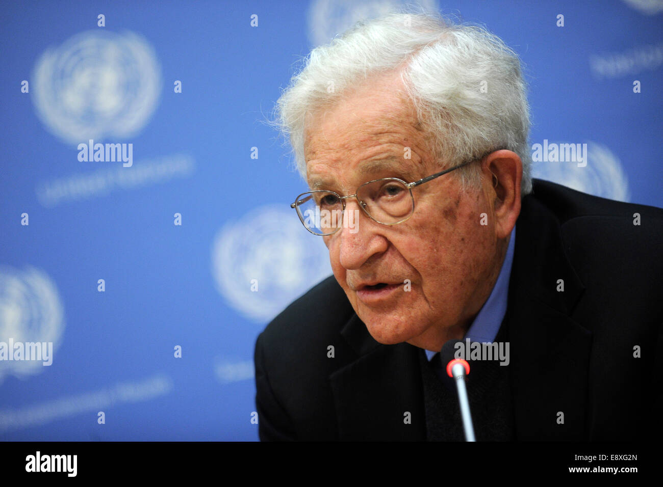 Noam Chomsky assiste ad una conferenza stampa organizzata dalla commissione per l'esercizio dei diritti inalienabili del popolo palestinese presso le Nazioni Unite a New York City il 14 ottobre 2014/picture alliance Foto Stock