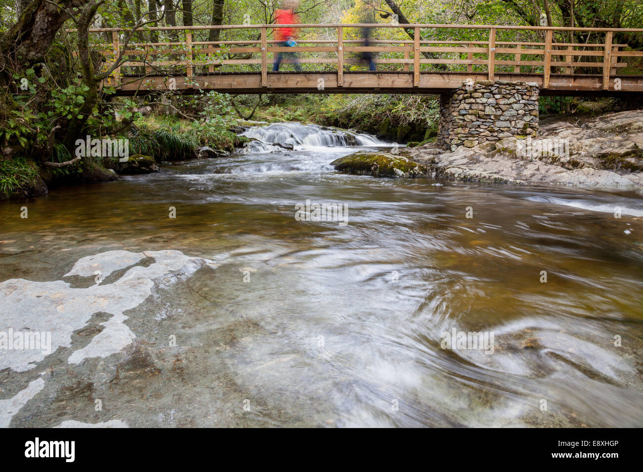 Due escursionisti attraversando un ponte sull'Aira Beck nella parte superiore scende al di sopra di Aira Force, vicino Dockray, Lake District, Cumbria Foto Stock