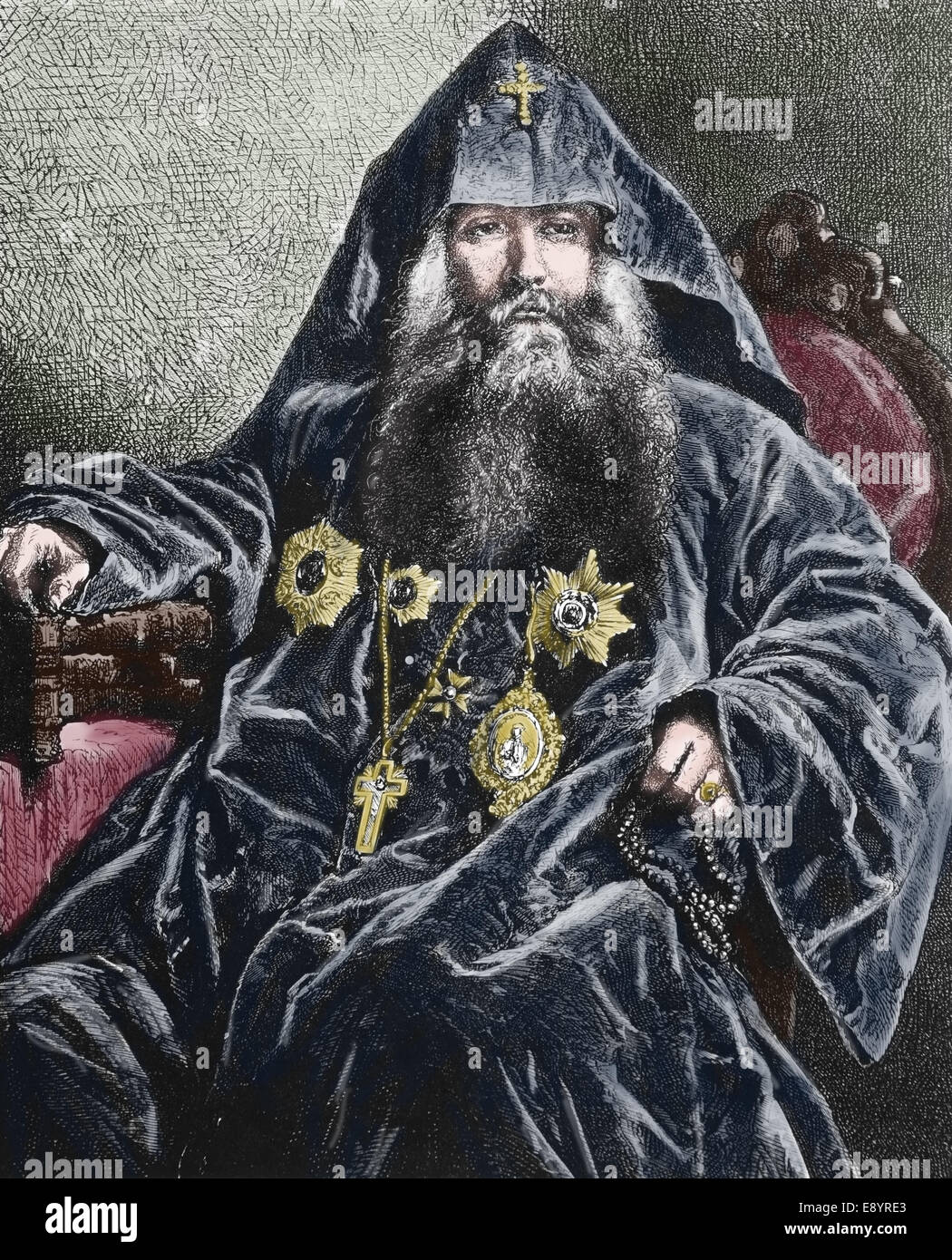 La Repubblica di Uzbekistan. Asia. Il Patriarca Armeno, 1870. Incisione del XIX secolo. Colorazione successiva. Foto Stock