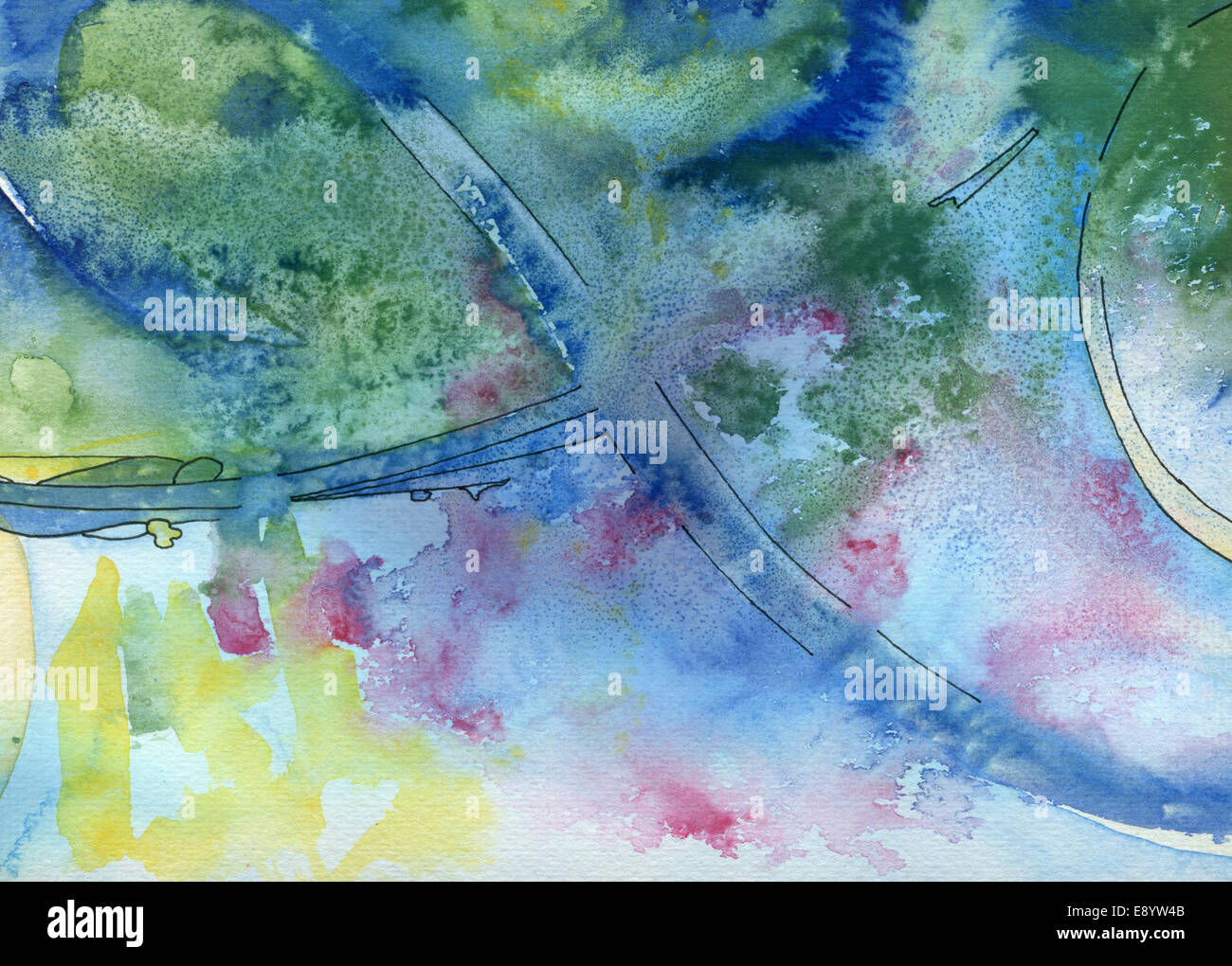 Verde, giallo e blu sullo sfondo ad acquerello. Grungy arte naturale texture di sfondo in acquerello con volute, schizzi e sale Foto Stock
