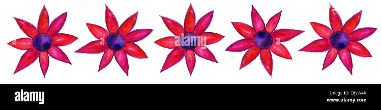 Cinque fiori di colore rosso. Cinque red acquarello dipinto a mano fiori in una riga isolata su bianco. Arte texture di sfondo margine. Foto Stock Cinque fiori di colore rosso. Cinque red acquarello dipinto a mano fiori in una riga isolata su bianco. Arte texture di sfondo margine. Foto Stock