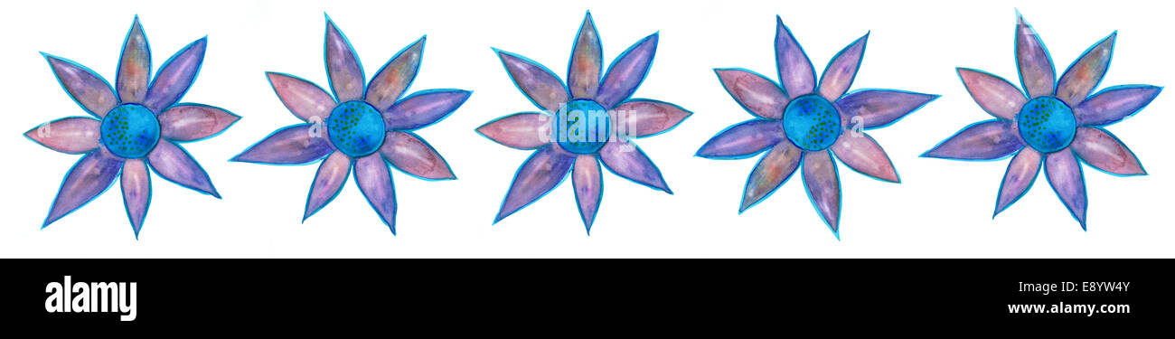 Cinque fiori blu. Cinque blue acquarello dipinto a mano fiori in una riga isolata su bianco. Arte texture di sfondo margine. Foto Stock Cinque fiori blu. Cinque blue acquarello dipinto a mano fiori in una riga isolata su bianco. Arte texture di sfondo margine. Foto Stock