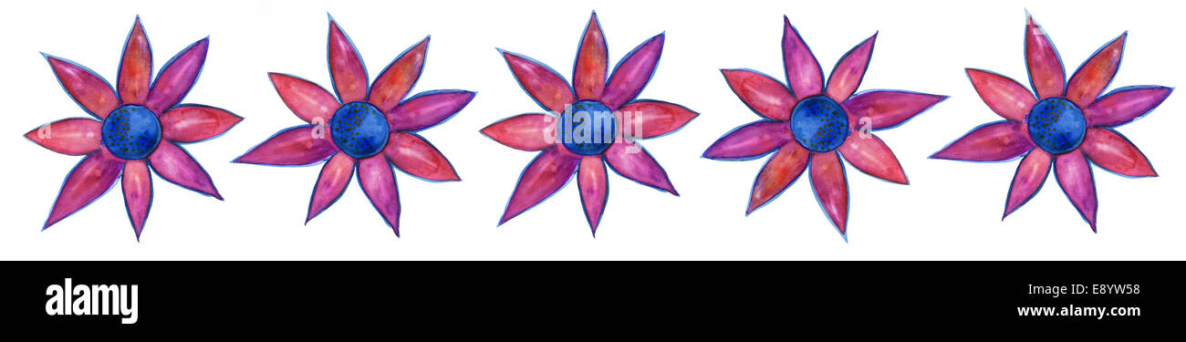 Cinque fiori viola. Cinque viola acquarello dipinto a mano fiori in una riga isolata su bianco. Arte texture di sfondo margine. Foto Stock Cinque fiori viola. Cinque viola acquarello dipinto a mano fiori in una riga isolata su bianco. Arte texture di sfondo margine. Foto Stock