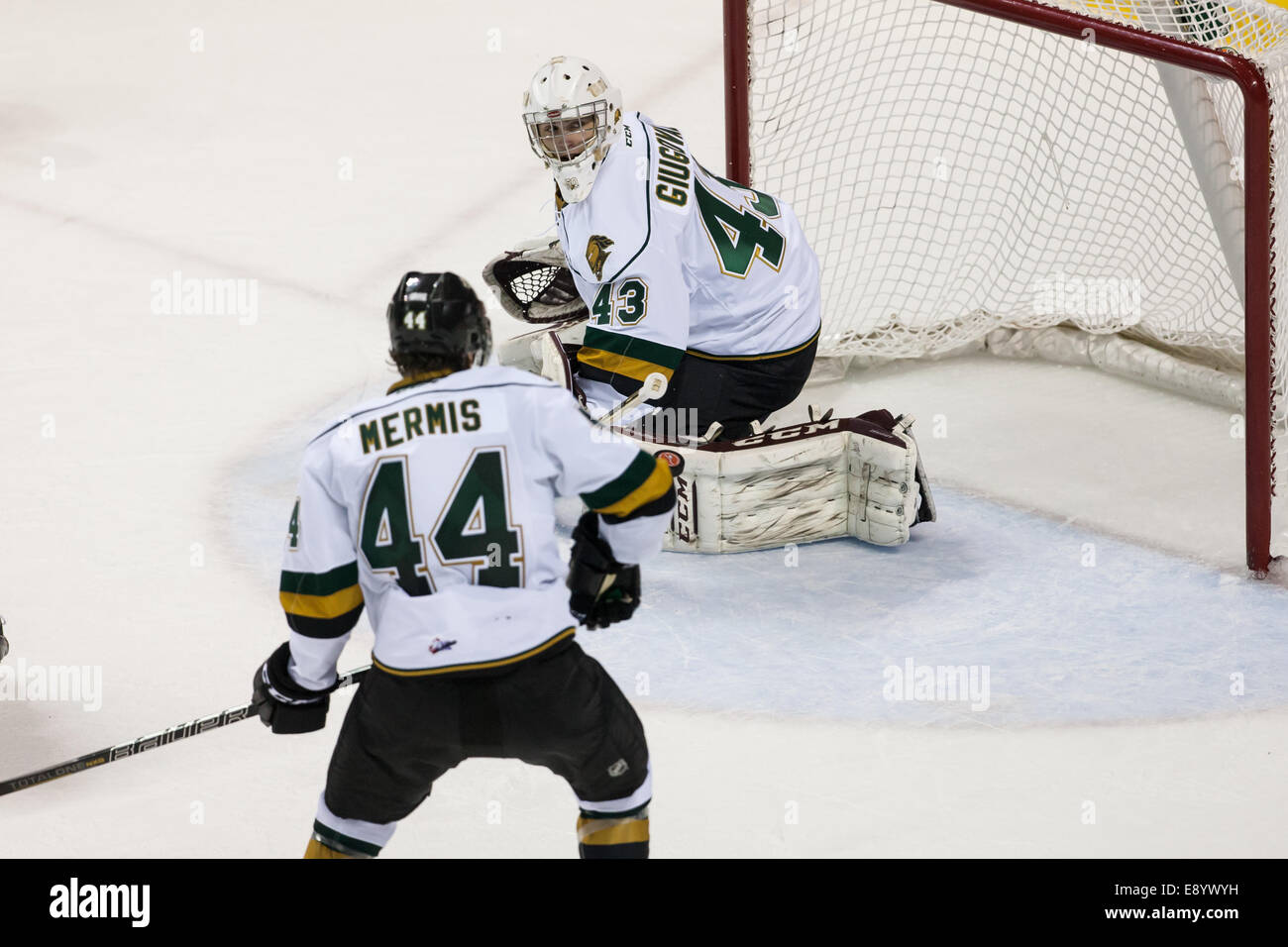 London, Ontario, Canada. 15 ottobre, 2014. Londra Cavalieri goalie Michael Giugovaz (43) fa un salvataggio durante una partita tra i cavalieri di Londra e la Erie lontre giocato a Budweiser Gardens a Londra, Ontario, Canada. I Cavalieri è andato a vincere il gioco 4-3 in una sparatoria. Credito: Mark Spowart/Alamy Live News Foto Stock