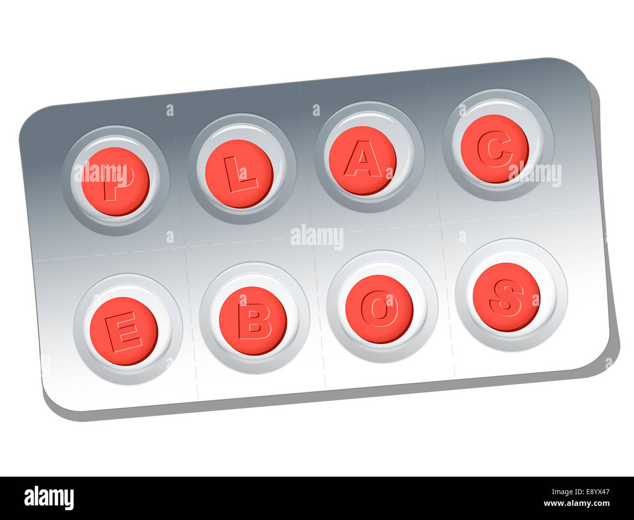 Pillole di rosso con lettere in rilievo che dicono che il placebo. Foto Stock