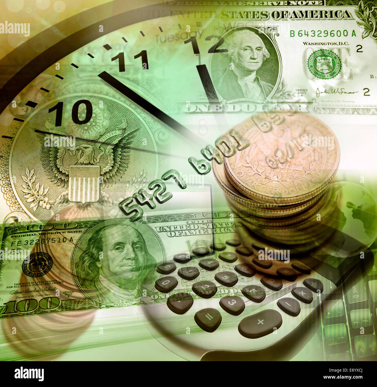 Moneta americana, orologio e calcolatrice Foto Stock