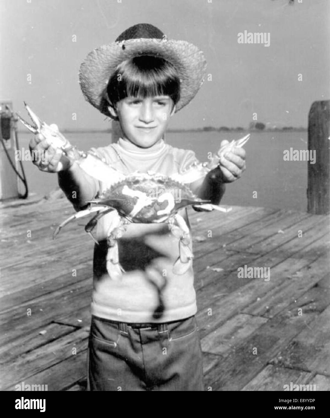 Questa fotografia mostra Constantine Nichols che tiene in mano un granchio ad Apalachicola, catturando un momento di vita marina locale. L’interazione di Nichols con il granchio evidenzia l’ambiente naturale della regione. Foto Stock