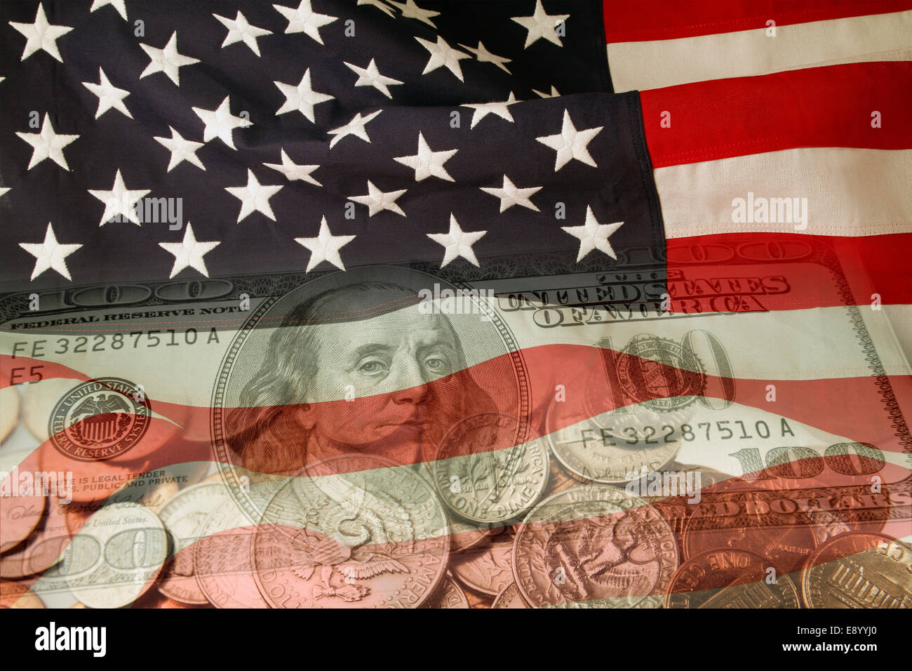 Bandiera americana e composito di valuta Foto Stock