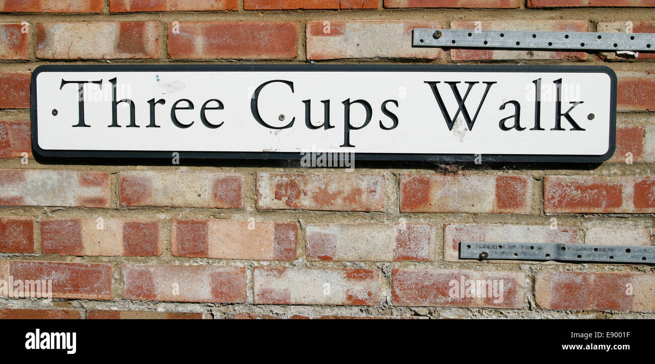 I nomi delle strade insolito tre tazze a piedi strada segno Ely Cambridgeshire England Regno Unito Foto Stock