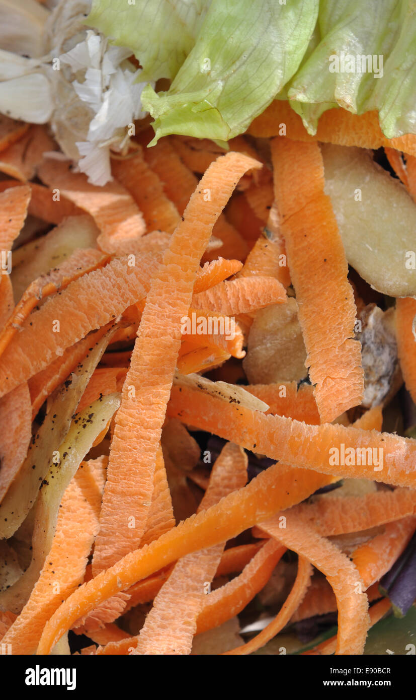Peeling carote tra gli scarti vegetali Foto Stock