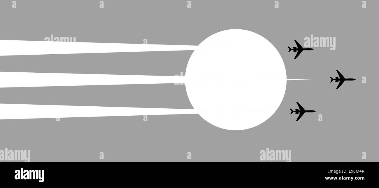 Illustrazione piano in cielo su sfondo sun Foto Stock