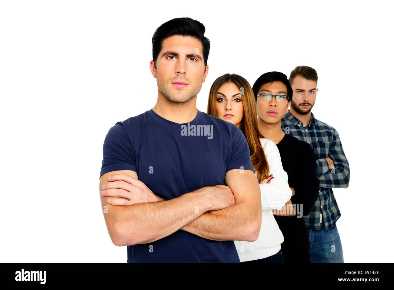 Gruppo di persone in piedi in fila isolati su sfondo bianco Foto Stock