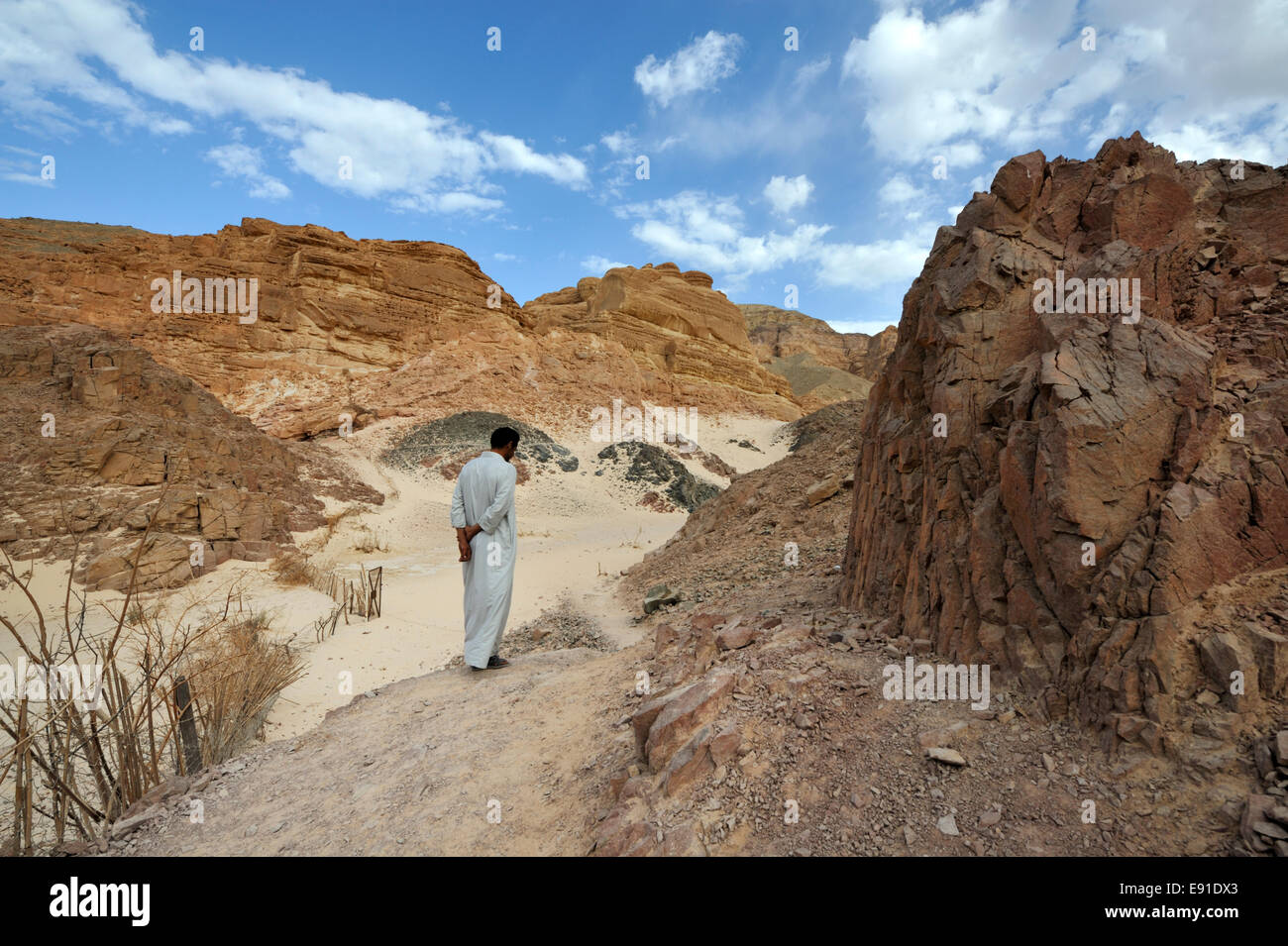 Arabo beduino nella contemplazione camminando lungo il percorso del deserto alla fine del Canyon Bianco Sinai del Sud nei pressi di Ain Hudra Oasis Foto Stock