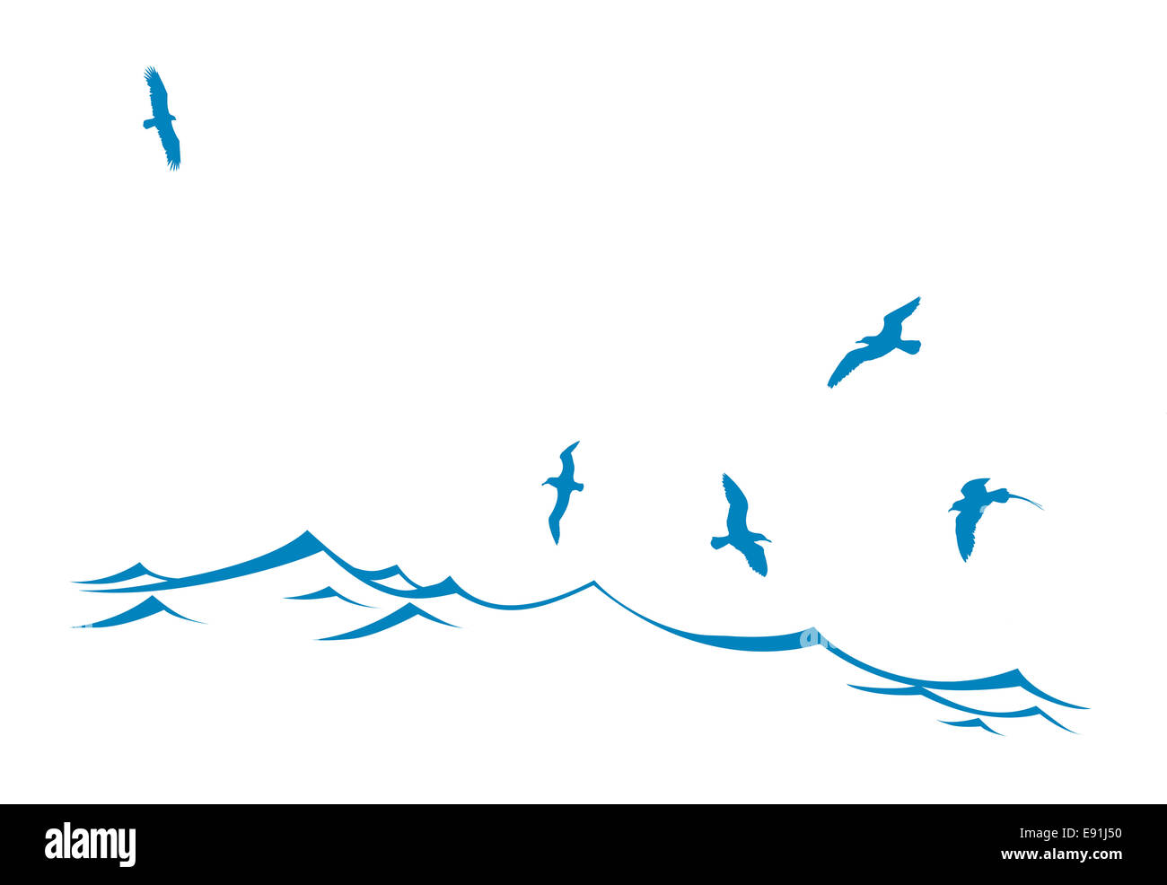 Silhouette di uccelli di mare su wave Foto Stock