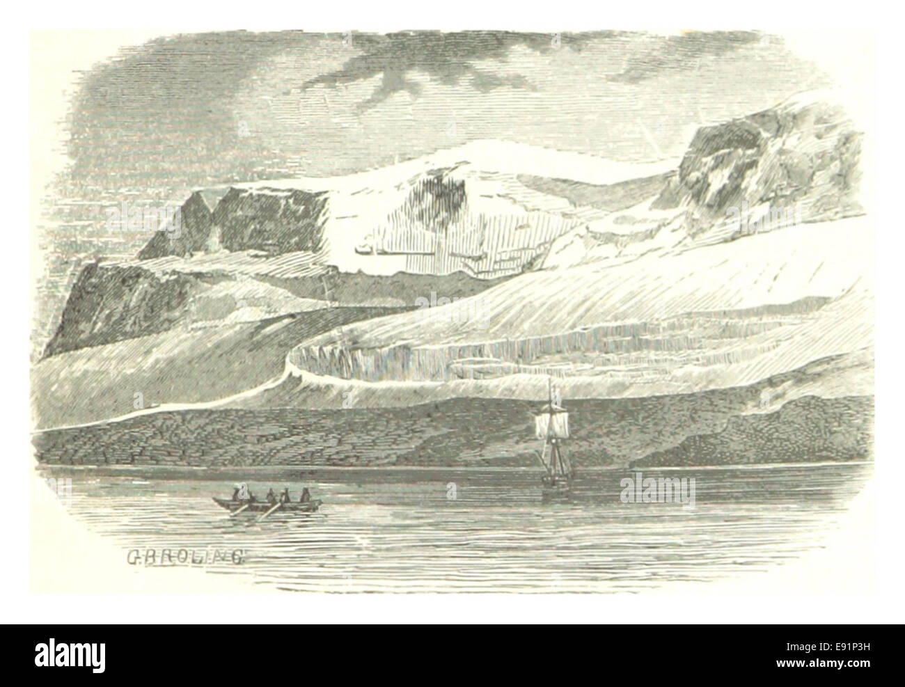 La pagina 11 del lavoro del 1867 presenta uno schizzo di Spitsbergen, un'isola nell'Artico, attribuito ad Axel Thordsen, che cattura il suo terreno accidentato e l'ambiente freddo. Foto Stock