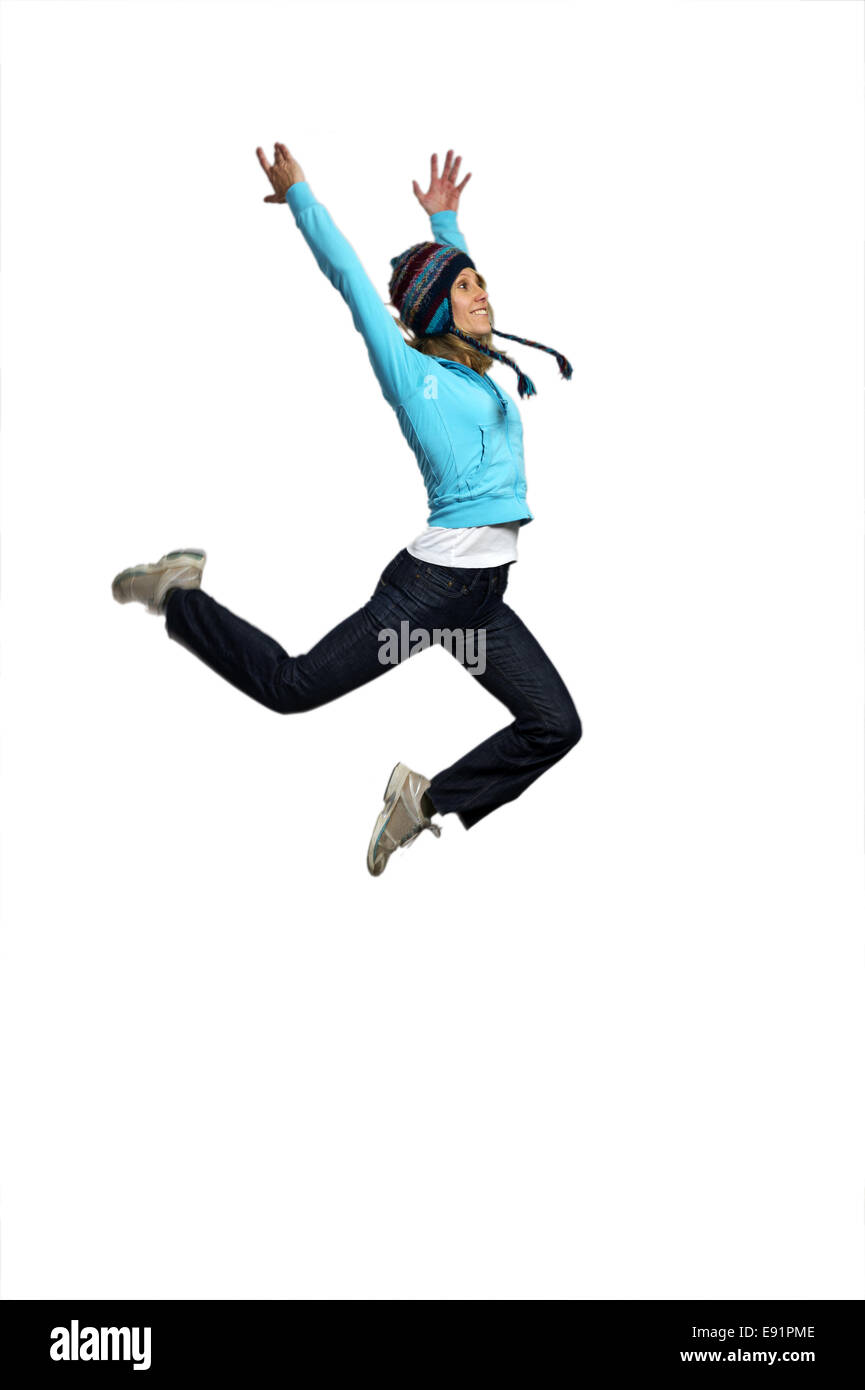 Giovane donna salti di gioia Foto Stock