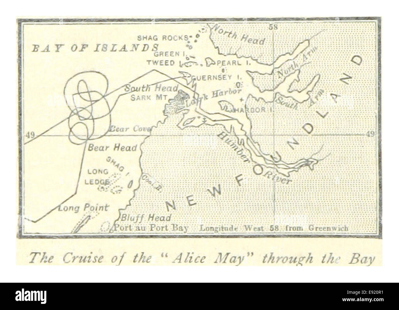 Un'illustrazione del 1885 della crociera della *Alice May* attraverso la Baia delle Isole, situata in nuova Zelanda. Lo schizzo evidenzia la bellezza paesaggistica dell'area, con le sue caratteristiche costiere e le isole, raffigurate durante la fine del XIX secolo. Foto Stock