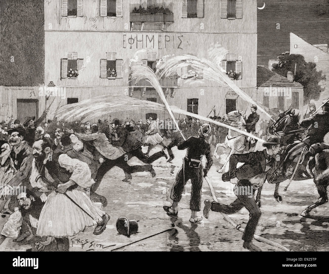 Il Greco elezioni del 1892. Una manifestazione popolare ad Atene, Grecia, dispersi dai vigili del fuoco utilizzando manicotti flessibili dell'acqua. Foto Stock