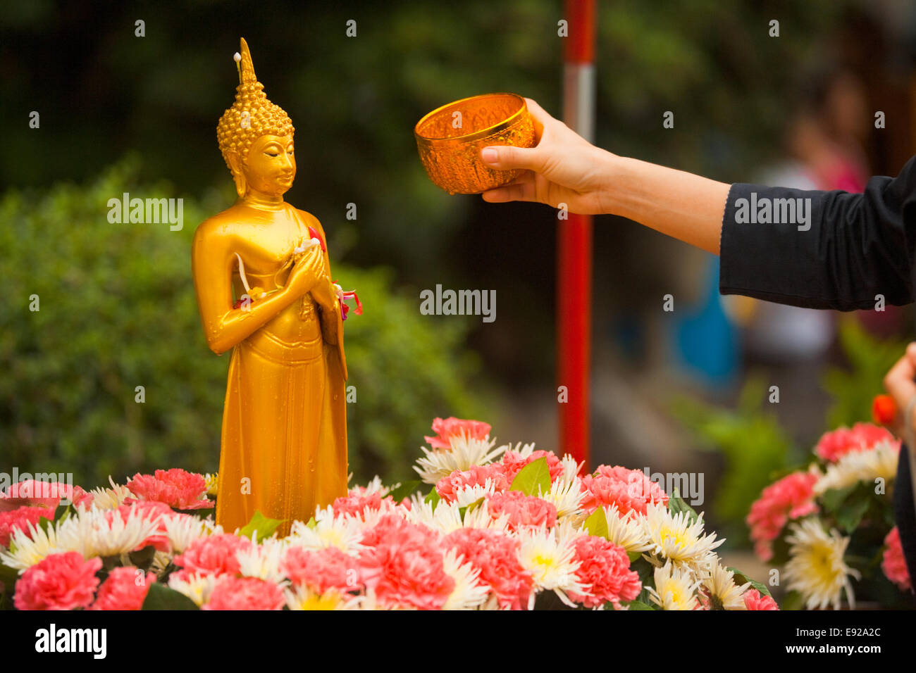 Songkran la balneazione statua del Buddha braccio Foto Stock